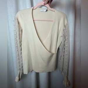 Lush Cream Ribbed Sweater Balloon Sheer Sleeves Cross V Neck Medium